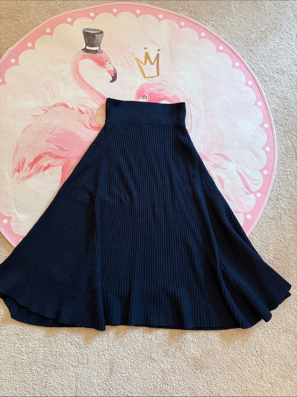Navy Ribbed Knit A-Line Midi Skirt, Casual Versatile